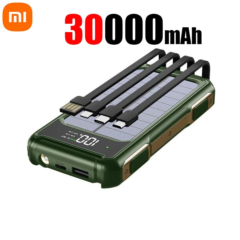 Xiaomi 30000mAh Large Capacity Solar Power Bank 4 in 1 Built in Cables Intelligent Digital Display Laser Light for Samsung Apple