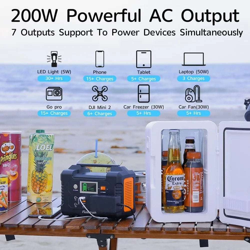 200W Portable Power Station FlashFish 40800mAh Solar Generator with 110V AC Outlet/2 DC Ports/3 USB Ports