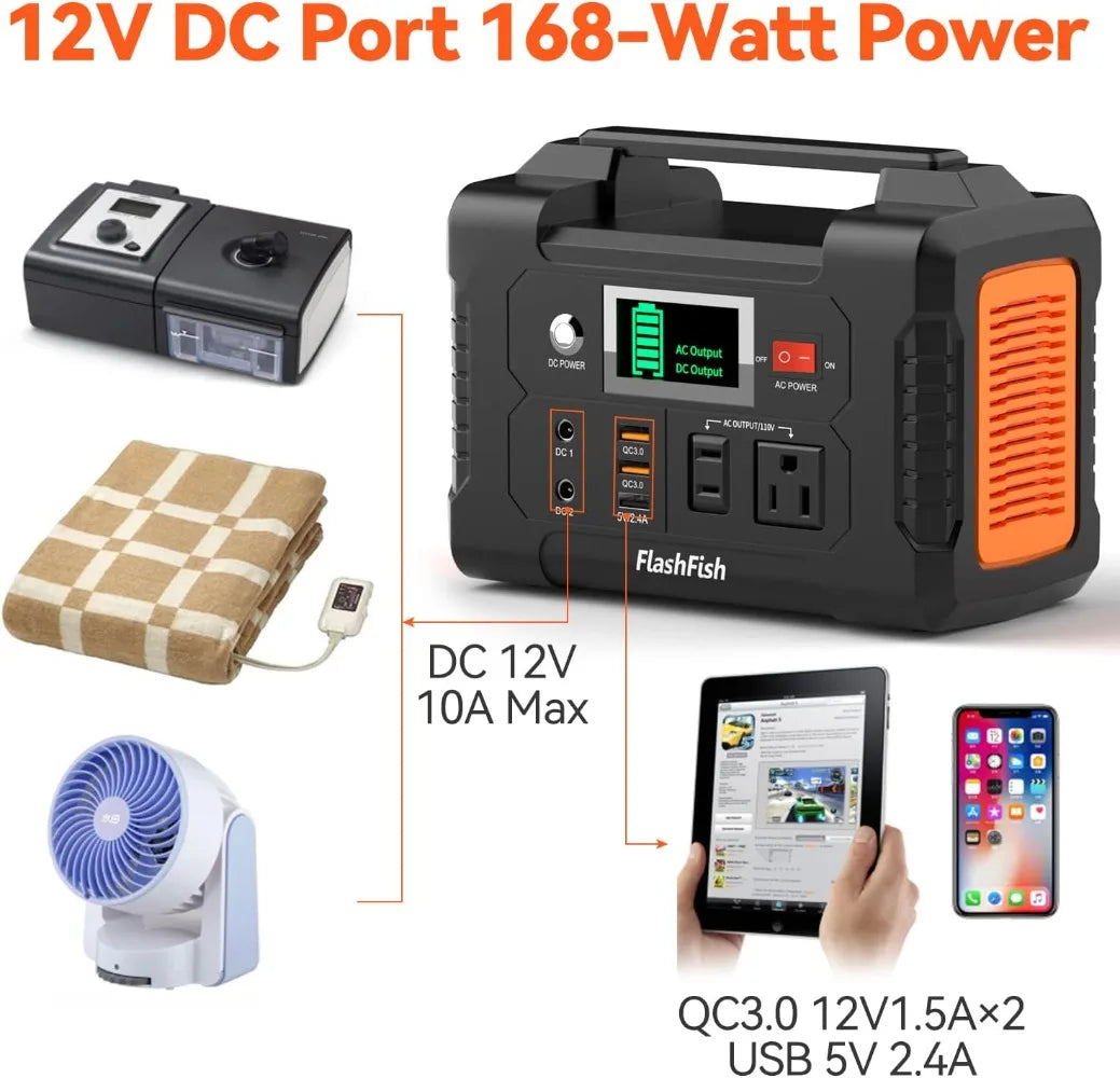 200W Portable Power Station FlashFish 40800mAh Solar Generator with 110V AC Outlet/2 DC Ports/3 USB Ports